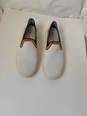 Rothy's White Knit Slip-On Flats with Rainbow Trim